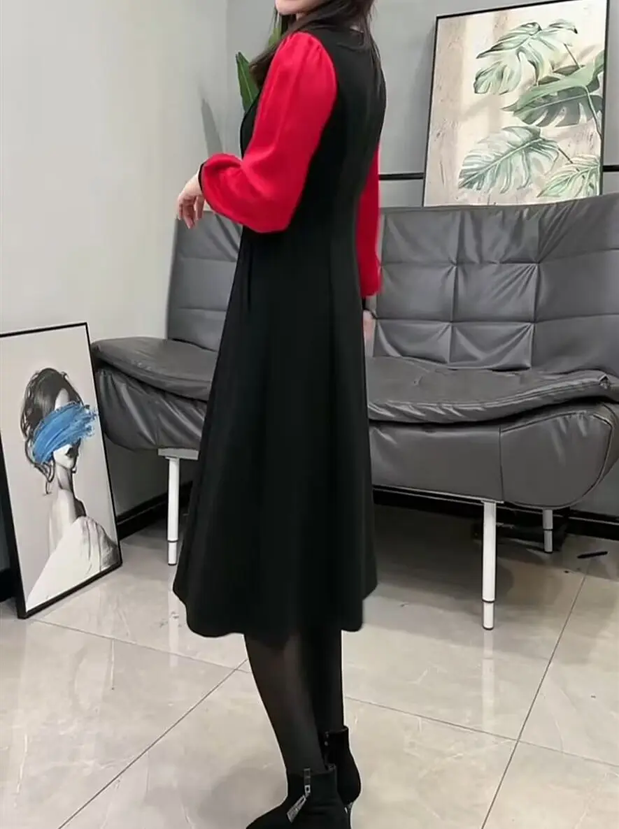 Buckle Chinese Style Western Splicing Medium Long Fake Two Pieces Fashion Belly Covering Slim Age Reducing A-line Dresses