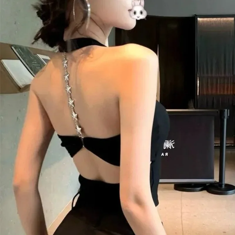 Sexy Hanging Neck Sexy Backless Tank Top Women Star Chain Chic Cutout Vest Jazz Dance Harajuku Y2K Cropped Top