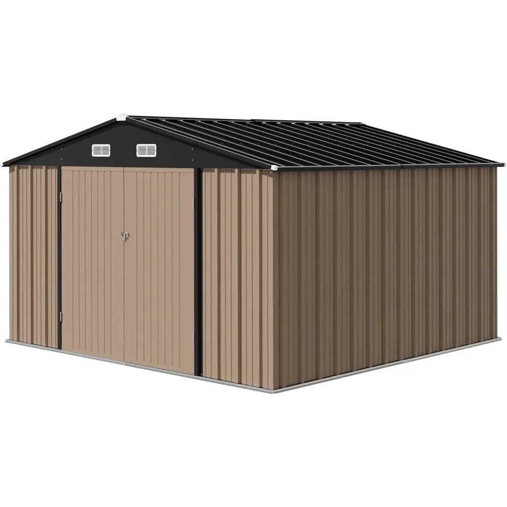 10 x 10 FT Outdoor Storage Shed, Metal Sheds & Outdoor Storage House for Patio Garden (Brown)