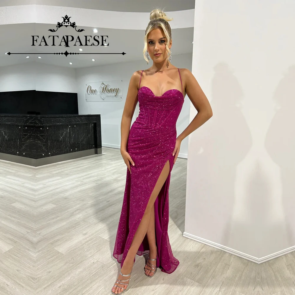 

FATAPAESE Glitter Evening Dresswith Thin Strap Corset Bustier Lace up Back Mermiad Forml Gown Dress Leg Side Split