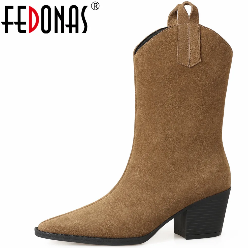 

FEDONAS 2023 Popular Western Short Boots For Women Cow Suede Leather Thick High Heels Autumn Winter Office Lady Shoes Woman New