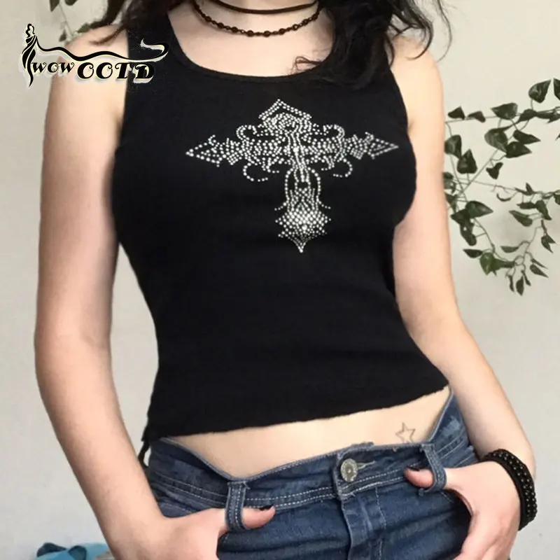 

WOWOOTD Rhinestone Mall Gothic Emo Tank Tops Fairy Grunge Y2k Black Women Basic Crop Top Bodycon Sleeveless Summer Alt Clothes