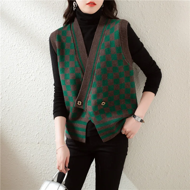 #3910 Autumn Vintage Plaid Knitted Vest Coat Women Sleeveless Pullover Vest Coat Buttons Irregular Waistcoat Female Outerwear mens sleeveless sweaters vests autumn casual loose v neck irregular pattern tassel knitted vest sweater fashion streetwear tops