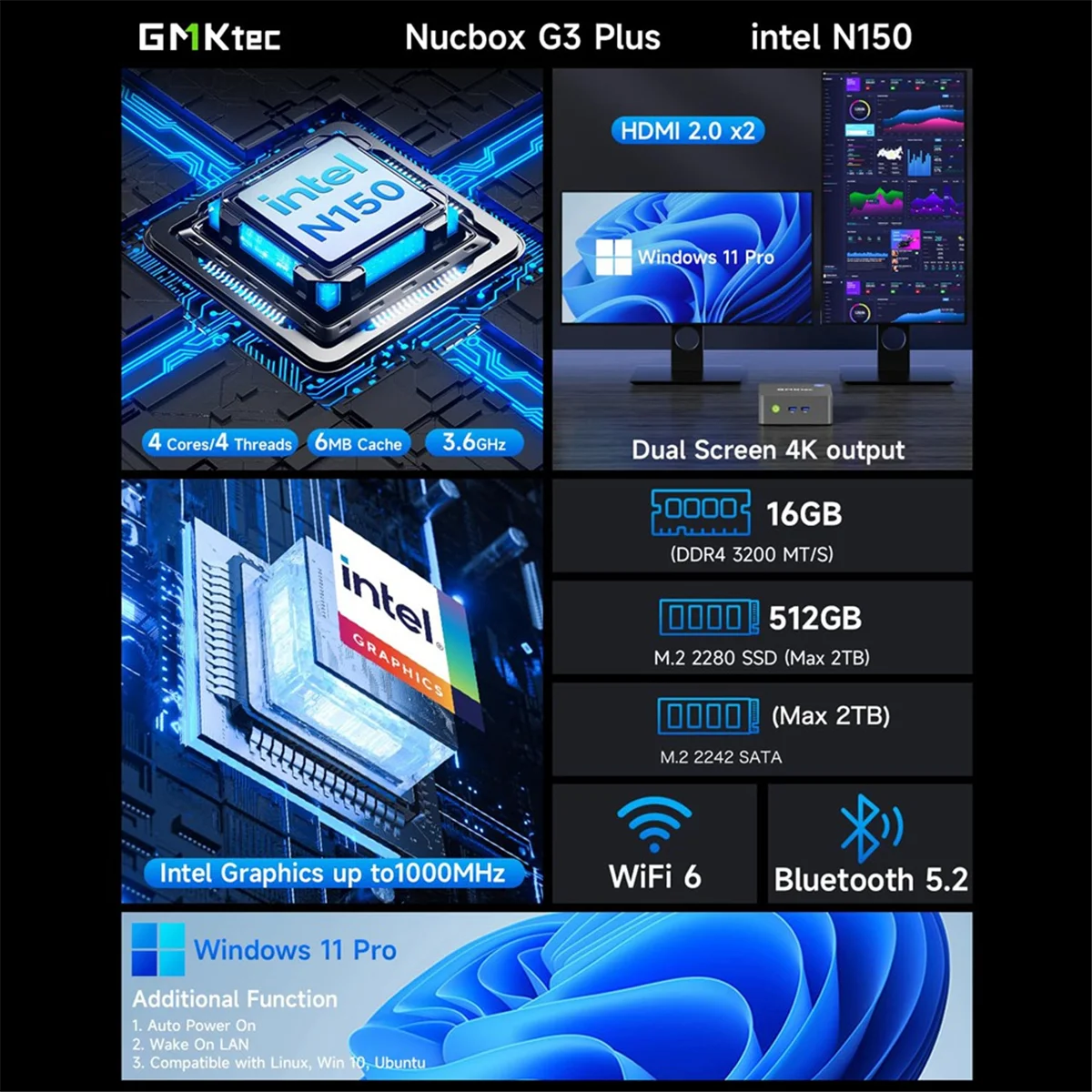 Hot sale G3 Plus Mini PC N150 8GB+512GB DDR4 WiFi6+BT5.2 Support 11 Pro Mini PC Office Gamer Computer EU Plug