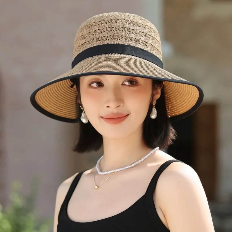 여성용 활 빨대 모자, 야외 자외선 차단 햇빛 차단 모자, 나들이 비치 버킷 햇, 한국 버전, 여름