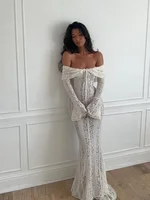 Hollow Out Lace Backless Slim Long Dress Women Strapless Lace Up Off Shoulder Dresses Chic 2025 New Sexy Female Party Club Robes 1