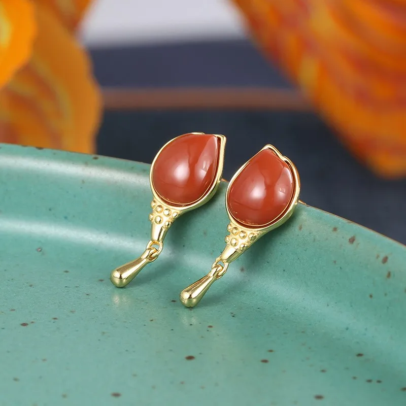

ES168 ZFSILVER 925 Silver Korean Fashion Trendy Hetian Jade South Red Agate Flower Tulips Earrings Jewelry Women Match-all Girls