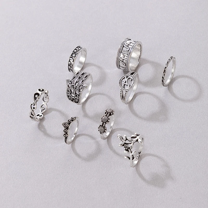 Tocona 9pcs/set Women Boho Midi Finger Rings Set Punk Elephant Flower Hollow Out Sliver Knuckle Rings Jewelry Gift
