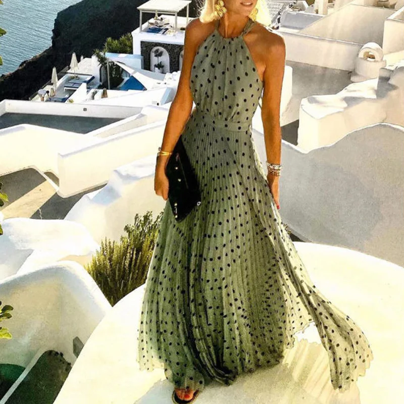 

Spring and Summer Retro Women's Sexy Backless O-neck Loose Beach Polka Dot Dress Fashion Elegant Sleeveless Pleated Dress Party