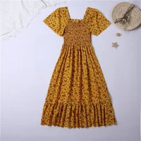 Spring Summer Chiffon Dress Women Midi DressesFemale Short Sleeve Elastic Waist Printed Floral Pleated Backless Casual Dress 4