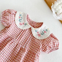 2024 Toddler Baby Girls Rompers Embroidery Bodysuit Girls Jumpsuits Princess Girls Pink Grid Rompers Toddler Summer Clothing 4