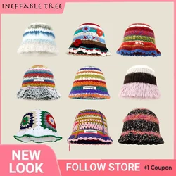 Dopamine Autumn Crochet Panama Cap Korean Handmade Bucket Hat Women's Weaving Knitted Hats Y2k Flowers Autumn Winter INS Beanies