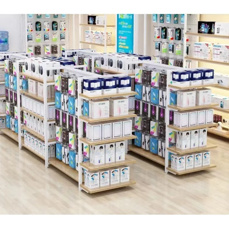 

custom，Double side wood mobile accessories shelf stand snack display rack supermarket shelf mobile accessories shop furniture