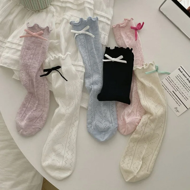 

6 Pairs Pack Lolita Long Socks Japanese Style Kawaii Cute Bowknot Ruffle Socks Sweet Heart Thin Mesh Girls Socks Summer