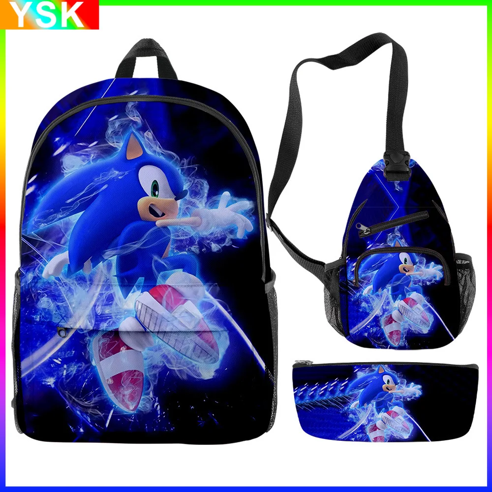 

3D New Sonic The Hedgehog Sonic Schoolbag Backpack Satchel Pencil Bag Three-piece Set for Primary and Secondary School Students