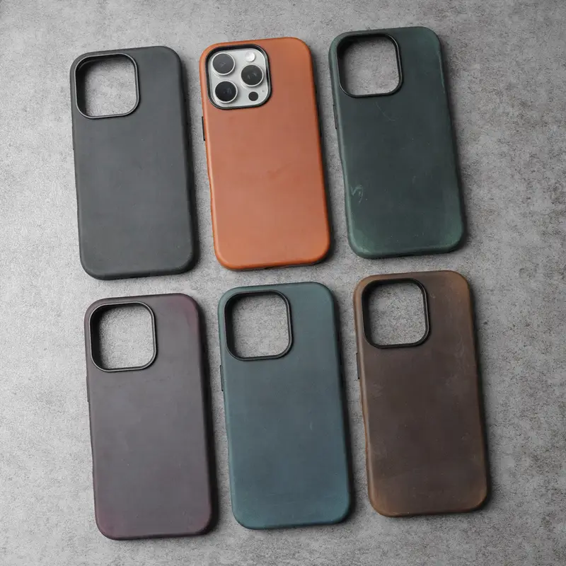 YMW Scratc Crazy Horse Genuine Leather Case for iPhone 16 15 Pro Max Plus 14 13 mini Magnetic PULL-UP Cowhide Phone Cover - Image 2