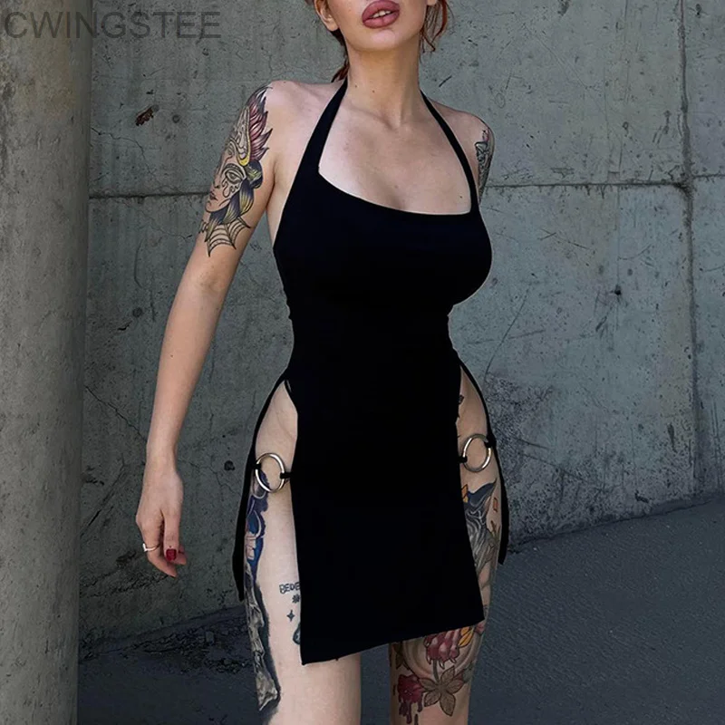 

Goth Dark Backless Mall Gothic Split Sexy Mini Dresses Y2k Punk Hollow Out Side Halter Dress Women Grunge O-ring Night Partywear