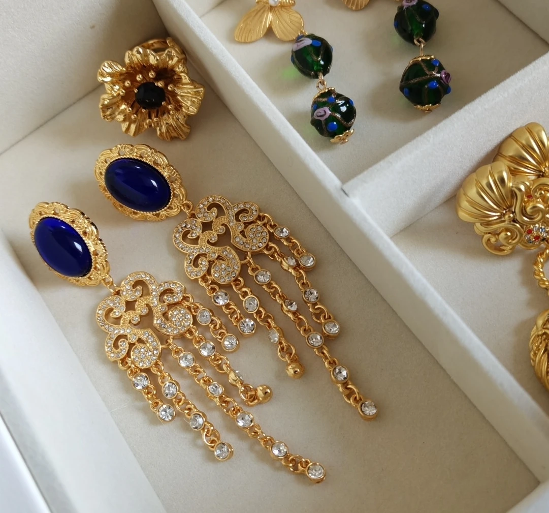 

French vintage court glazed gemstone tassel smart party banquet earrings