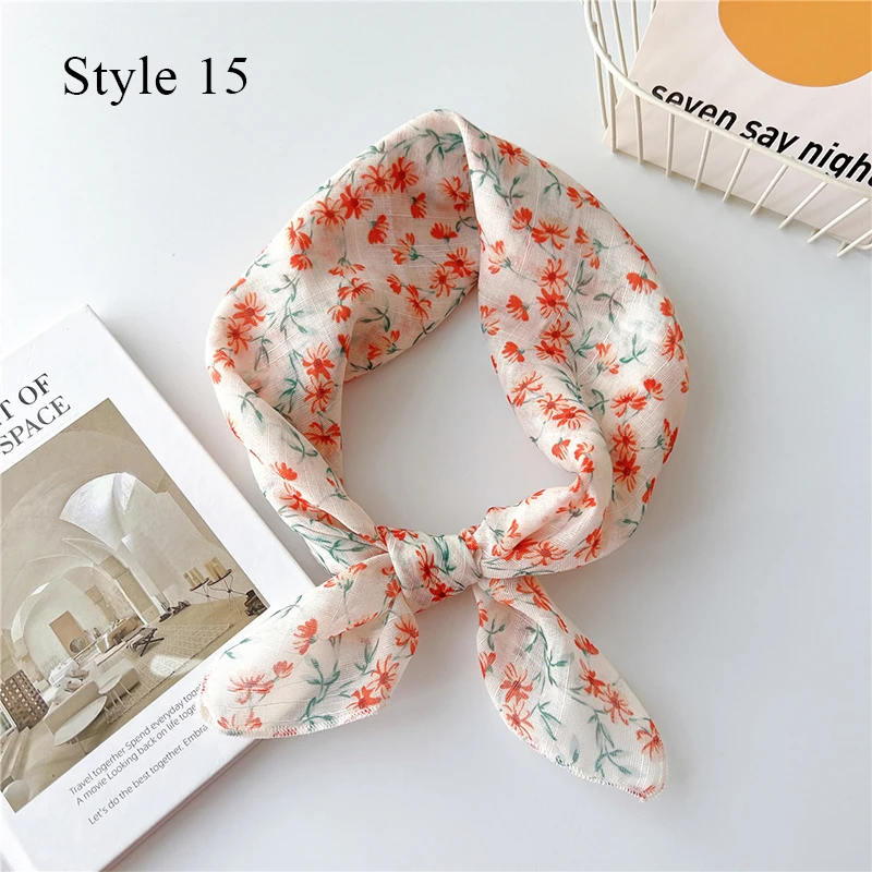 Girls Cotton Linen Small Square Scarf Hijab Shawl Korean Chic Floral Printed Headband Neckerchief Hair Accessoories 58*58cm 6