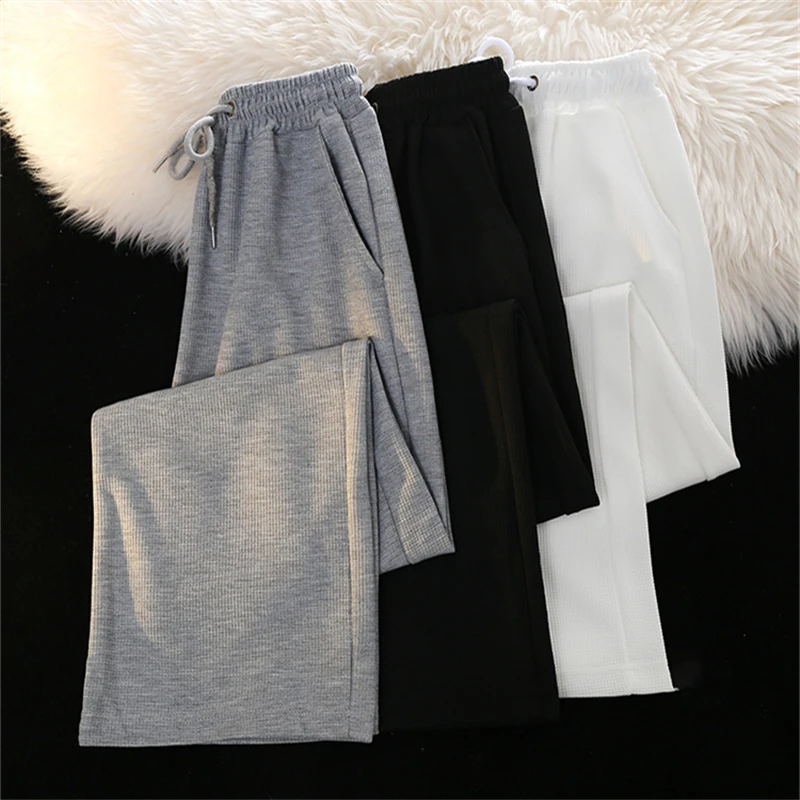 

Limiguyue Waffle Pants Cargo Lace-up Wide Leg High Waist Women Solid Loose Casual Straight Floor Length Trousers Spring Summer