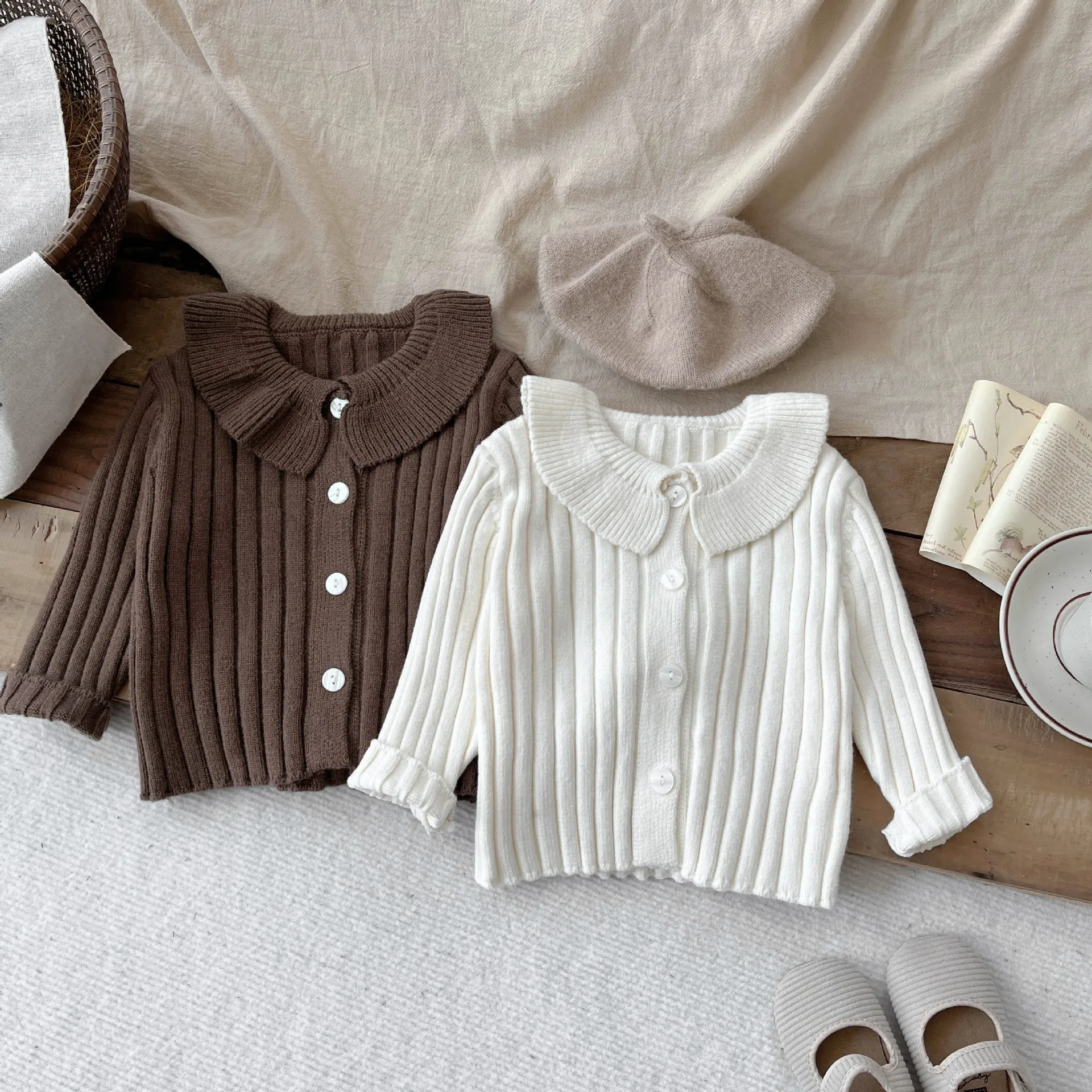 Autumn New Girls Long Sleeve Knitted Cardigan Baby Girl Cute Peter Pan Collar Tops Cotton Infant Toddler Solid Casual Coat