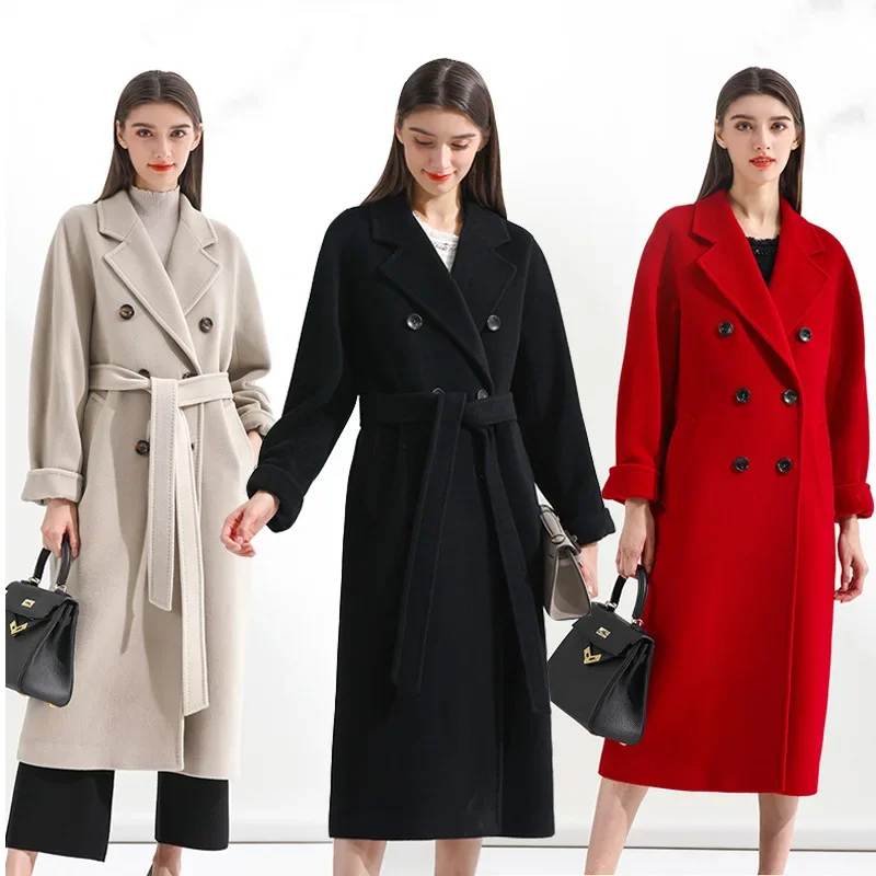 Winter Woolen Long Coat Casual Women Double Breasted Faux Wool Jacket Fall Fashion Korean Ladies Black Clothes New