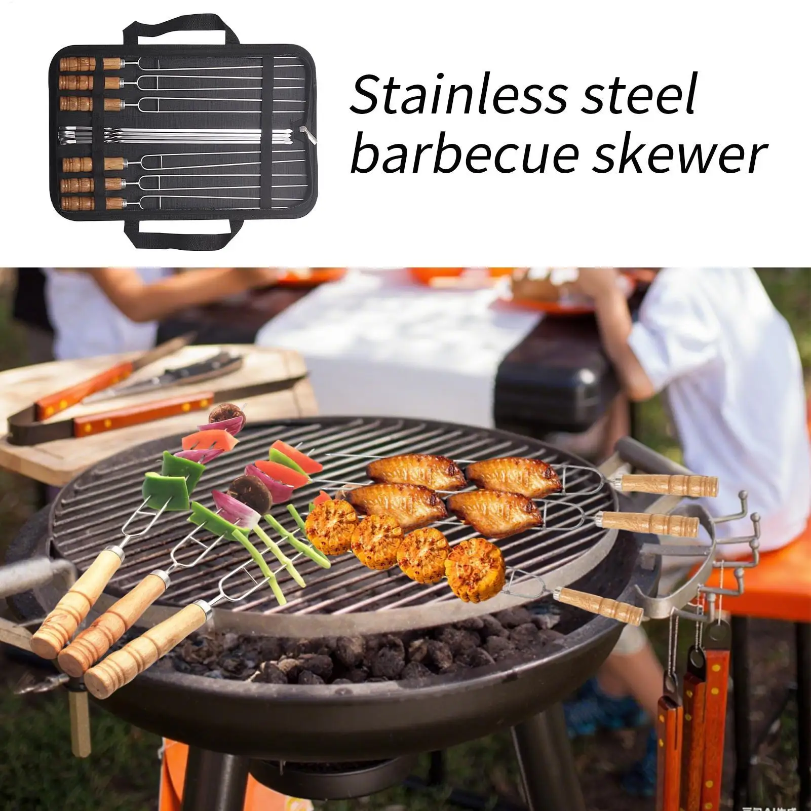 BBQ Skewers 10 Pieces Stainless Steel BBQ Kebab Skewer Rust-Proof Reusable Grill Tools With Wooden Handles Long Barbecue