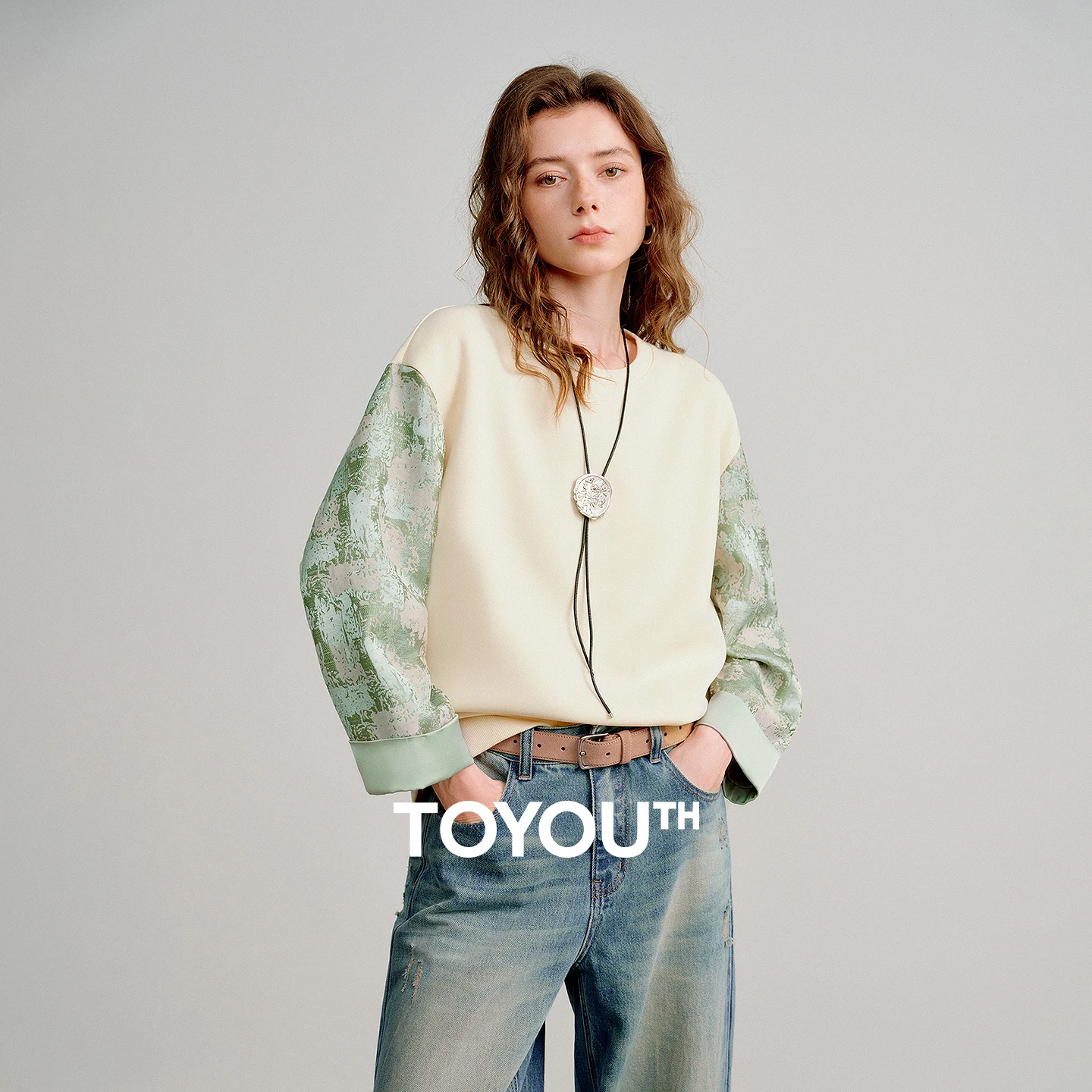 TOYOUTH Women Hoodies 2026 Spring New Fake Two-Piece Splicing Jacquard Casual Sweatshirt Tops