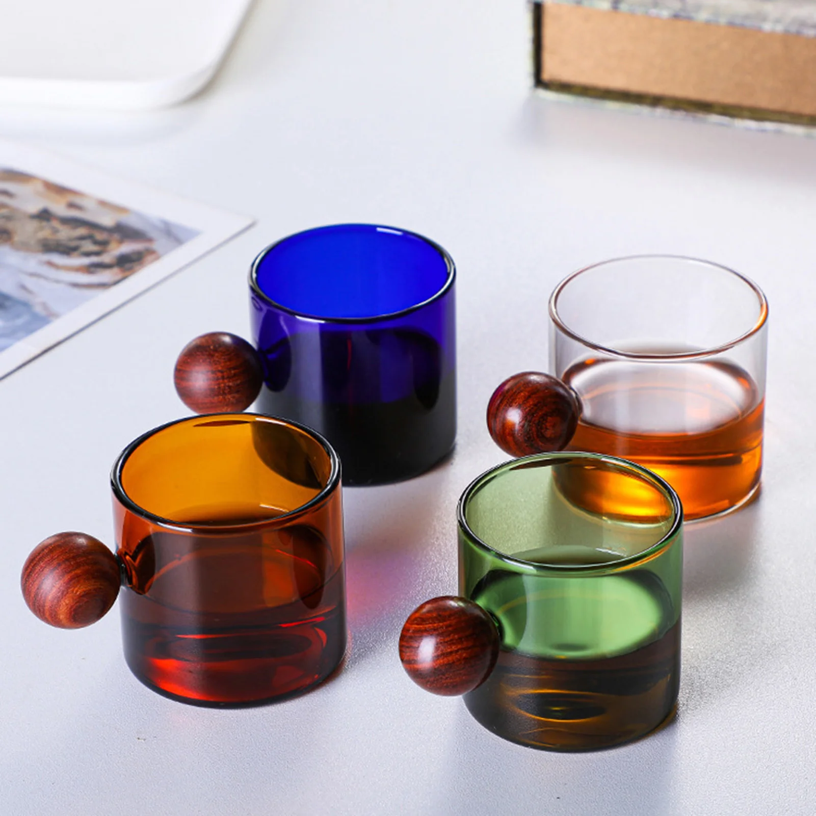 Colorful Glass Mug With Wooden Handle Reusable Heat-Resisting Wine Glasses Tea Mugs Milk Espresso Coffee Cup Kitchen Drinkware