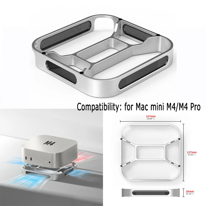 데스크탑 스탠드 컴퓨터 라이저 방진 베이스 방열 브래킷 Mac mini M4/M4 Pro용 알루미늄 합금 냉각 홀더 도크
