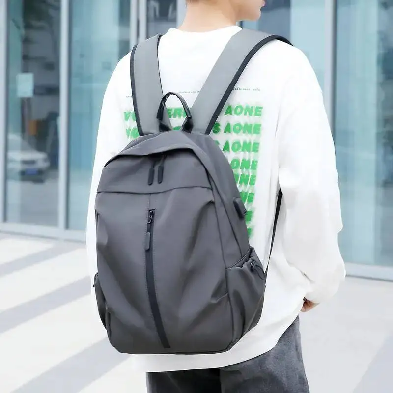 Men's Casual Water-Resistant Travel Backpack Large Capacity USB Multi-Function Trendy Solid Color Waterproof Backpack