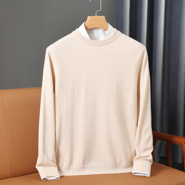 100% Wool Round Neck Solid Color Knitted Sweater Men's Pullover Long Sleeved Loose Sweater Business Casual Simple Cashmeres 2026 2