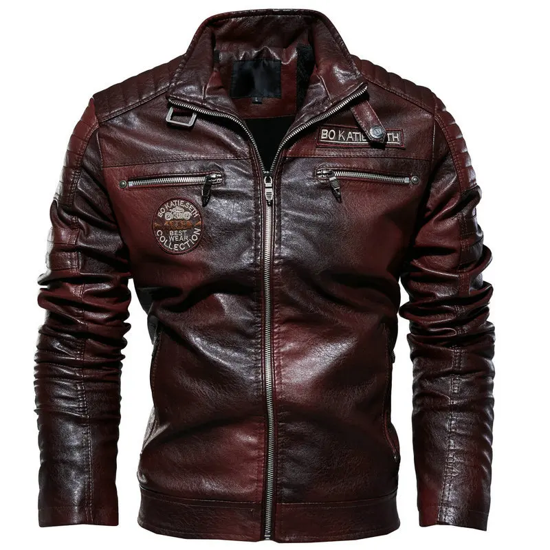 Men's Leather Jacket Winter Plush Retro PU Leather Bomber Flight Coat Outdoor Windproof and Waterproof Men's Leather windbreaker