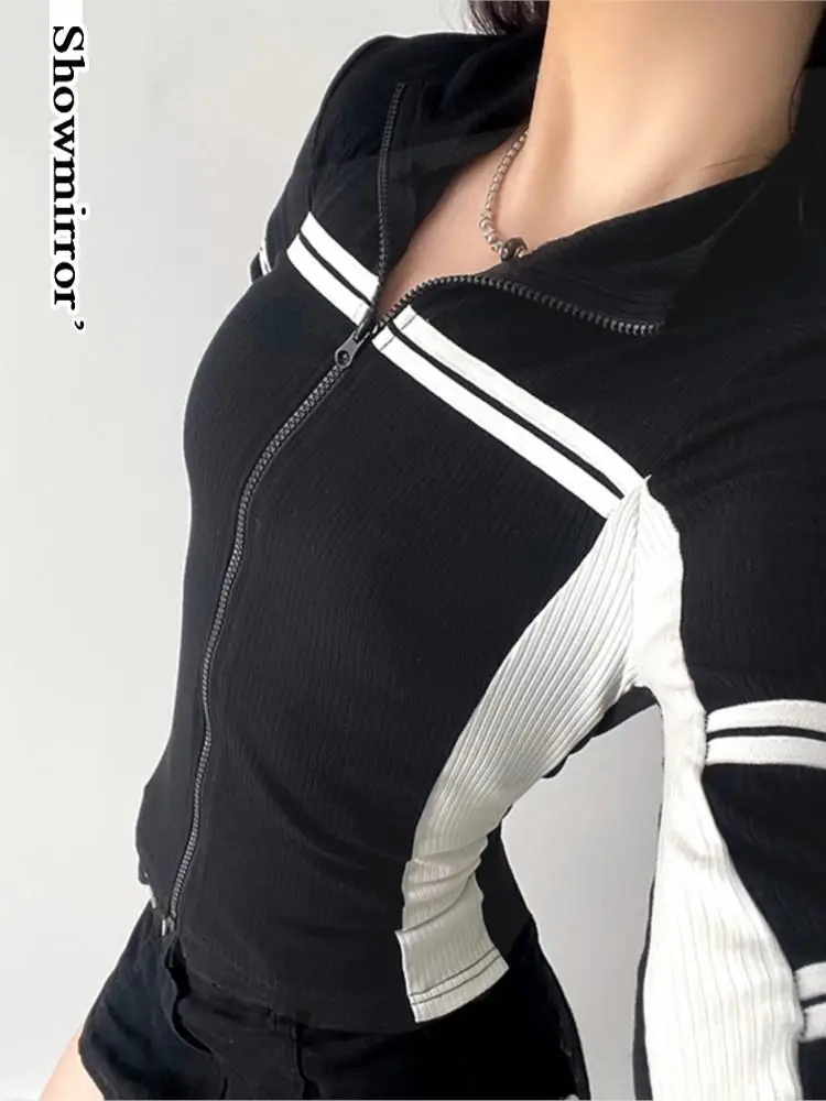 Black Sporty Casual Zipper Coat Outwear Rave Biker Striped Long Sleeve Fitted Women Biker Tops bodycon teachwear Jacket