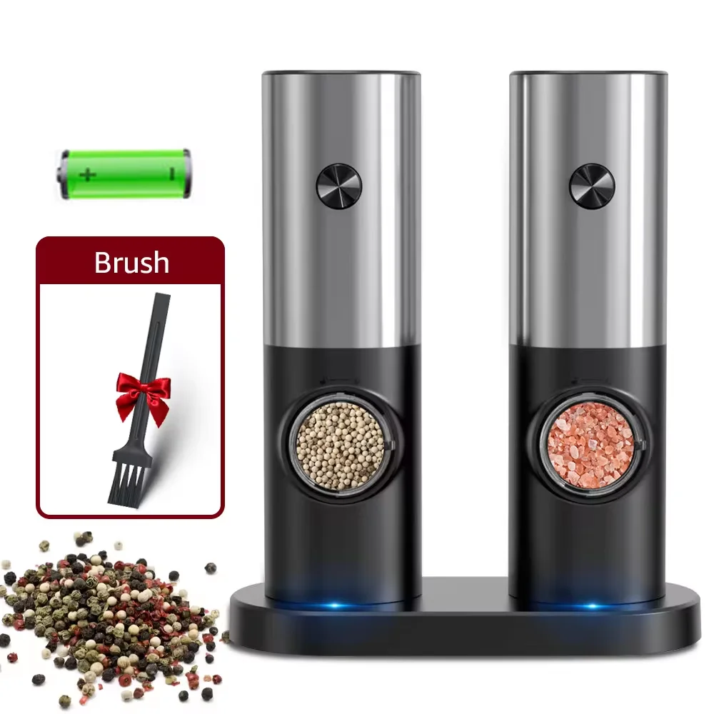 Electric Automatic Mill Pepper And Salt Grinder With Base Set Battery Powered With LED Light Adjustable Coarseness Kitchen Tool salt and pepper grinder electric grinder pepper grinder