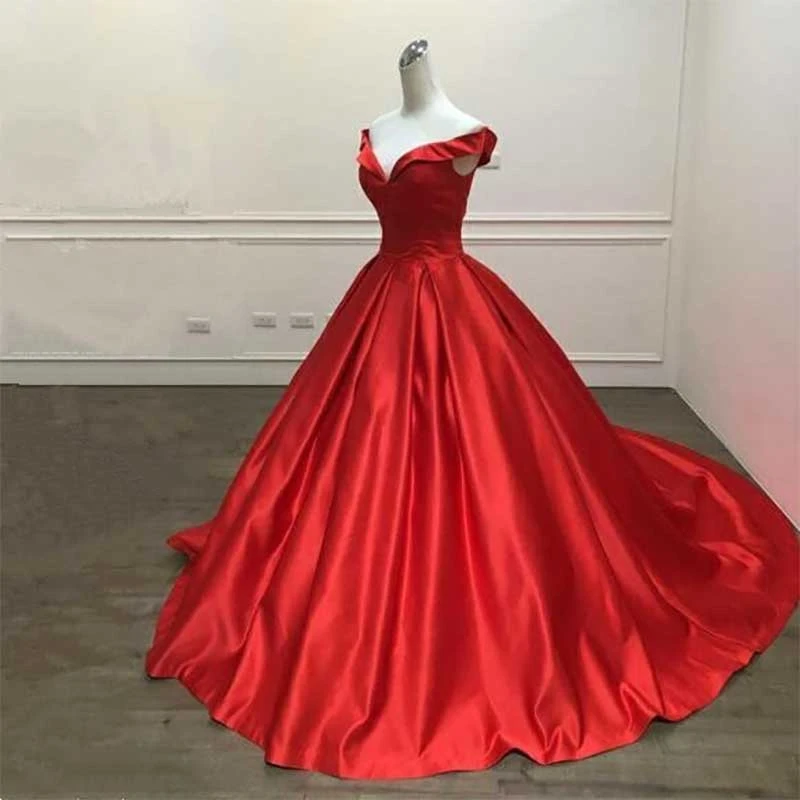 ball gown prom dresses 2022 Elegant Simple Red Prom Dresses V Neck Ball Gowns Cap Sleeve Satin vestidos de formatura Backless Reflective Dress mermaid prom dresses