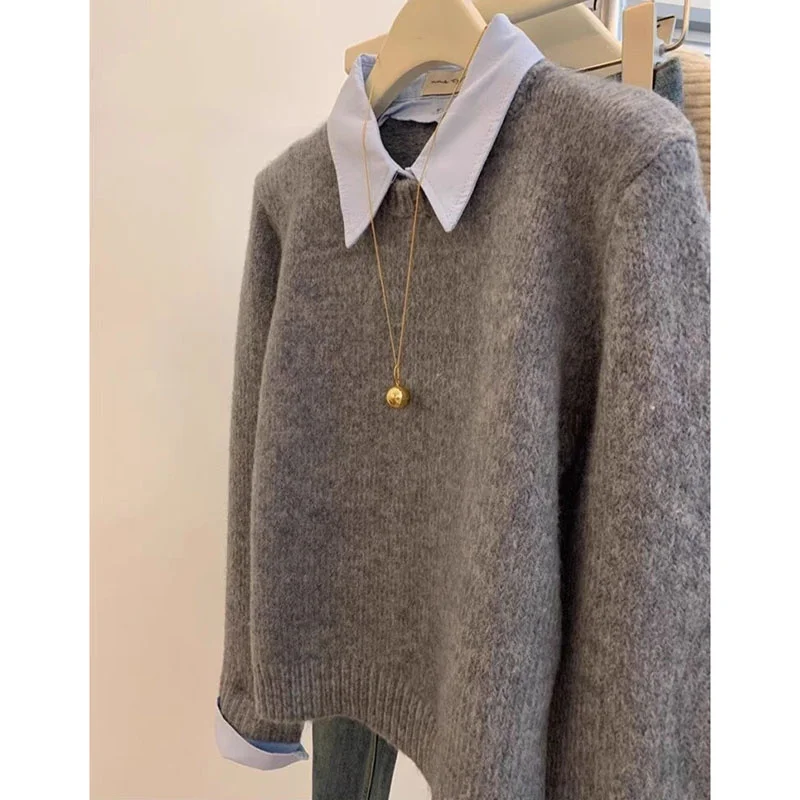 New Fake Two Shirts Collar Sweater Women's Autumn Contrasting Color Gray Knit Sweater Pullover Sweaters Warm Knitwear Female 5