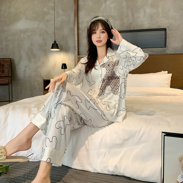 Striped Print Women's Summer Pajama Set Long Sleeve Ladies Sleepwear 2 Pcs  with Pant Korea Style Home Clothes for Female - AliExpress