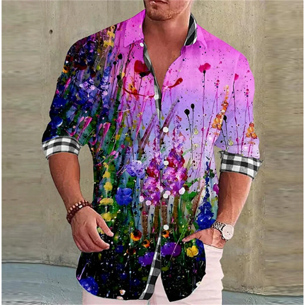 

Men's floral pattern printed long sleeved lapel shirt summer vacation Hawaii beach comfortable button men's clothing