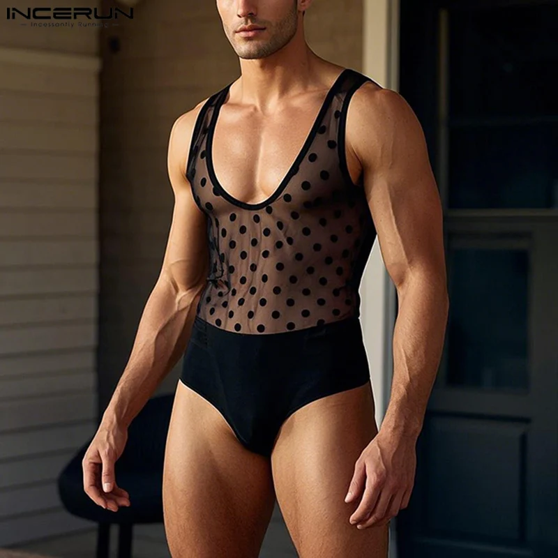 INCERUN Loungewear Rompers Men's Polka Dot Sexy Sleeveless Bodysuits Splicing See-through Mesh Casual Long Sleeve Jumpsuits