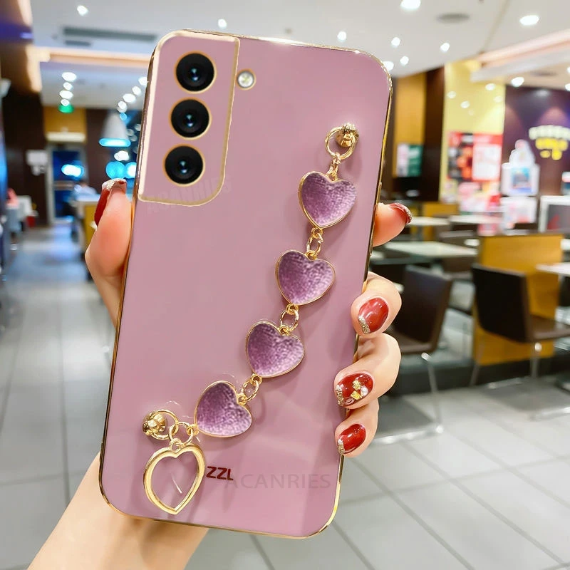 Love Heart Wrist Chain Silicone Case with Luxury Plating Cover