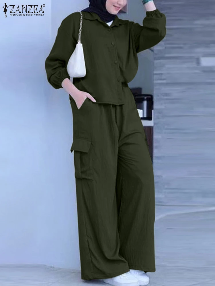 ZANZEA Fashion Cargo Pants Sets Women Autumn Muslim Sets 2PCS Long Sleeve Shirt Solid Trousers Suits Casual Islamic Clothing