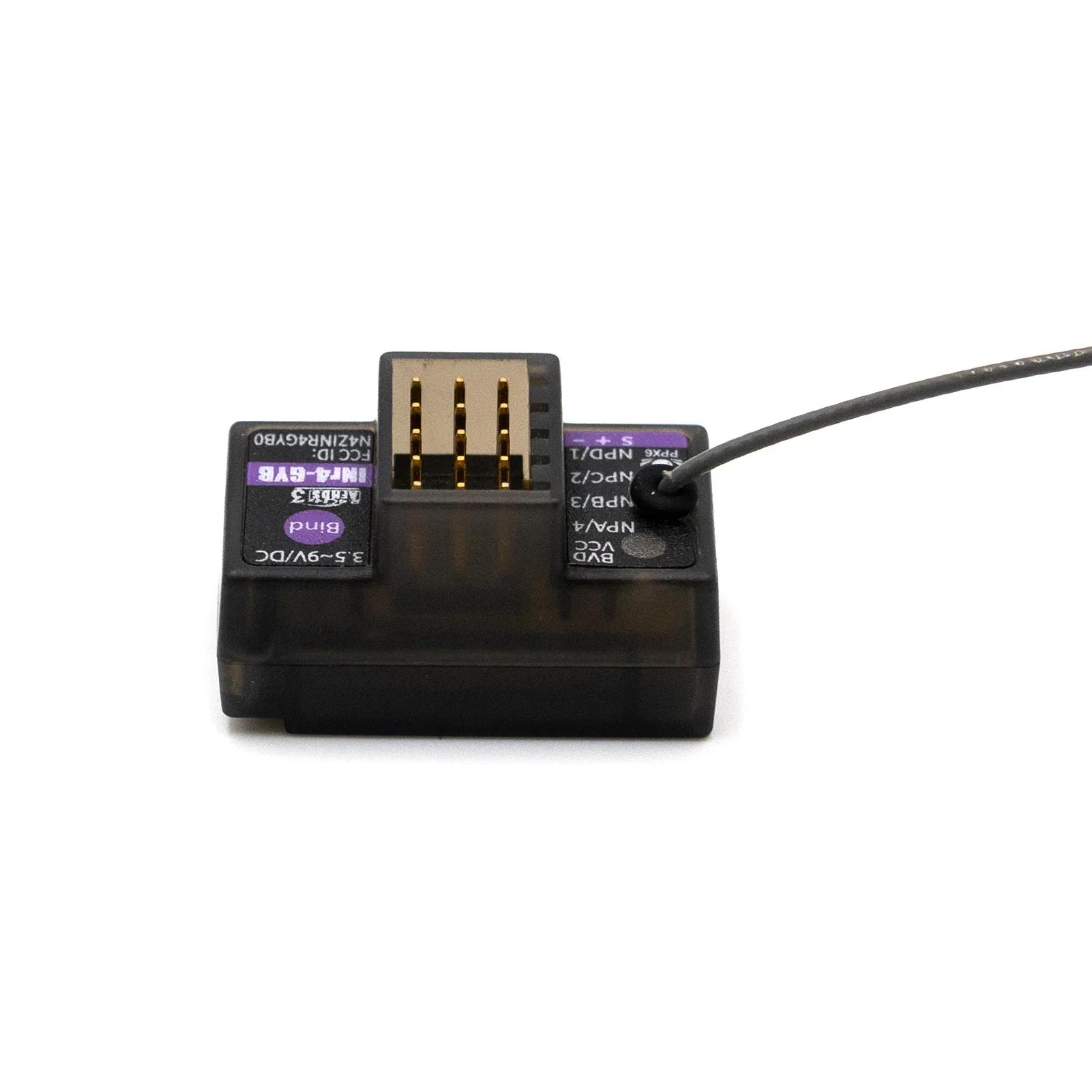 Angle du récepteur Flysky INr4-GYB 4 canaux gyroscopique AFHDS 3 pour NB4 Noble, montrant les ports.