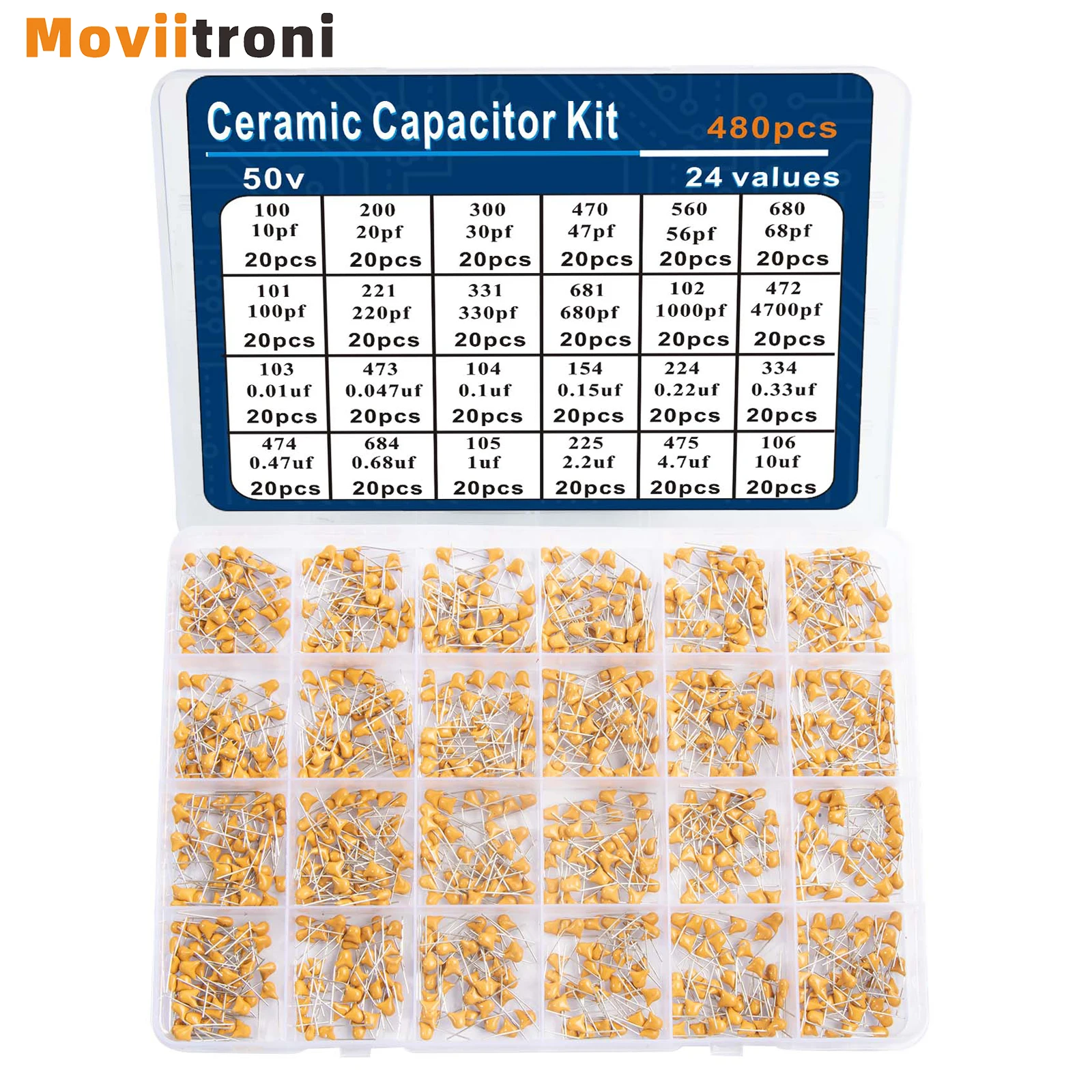 Ceramic capacitor assortment kit 480pcs for guitar capacitor 24Values 0.1uf-10uf