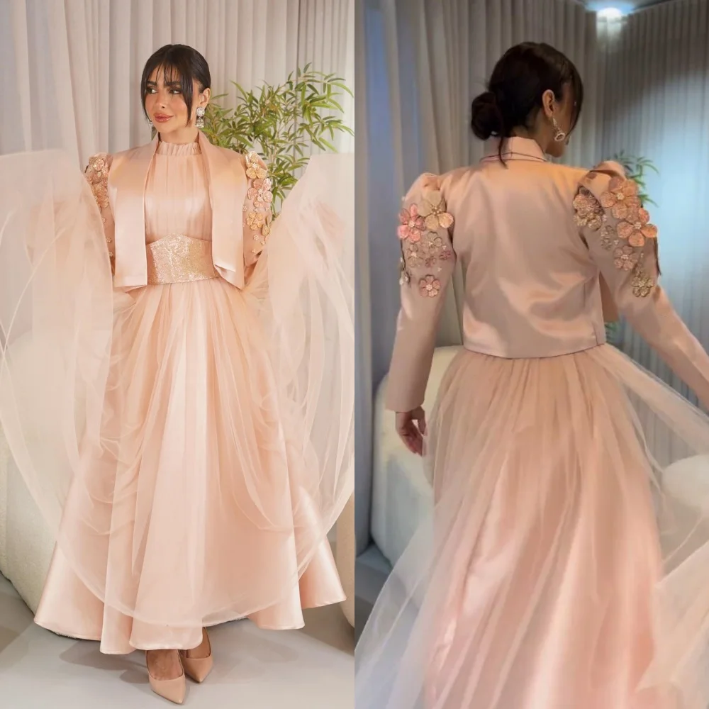 

Ball Dress Jersey Flower Sequined Beading Draped Cocktail Party A-line High Collar Bespoke Occasion Gown Long Sleeve Dresses