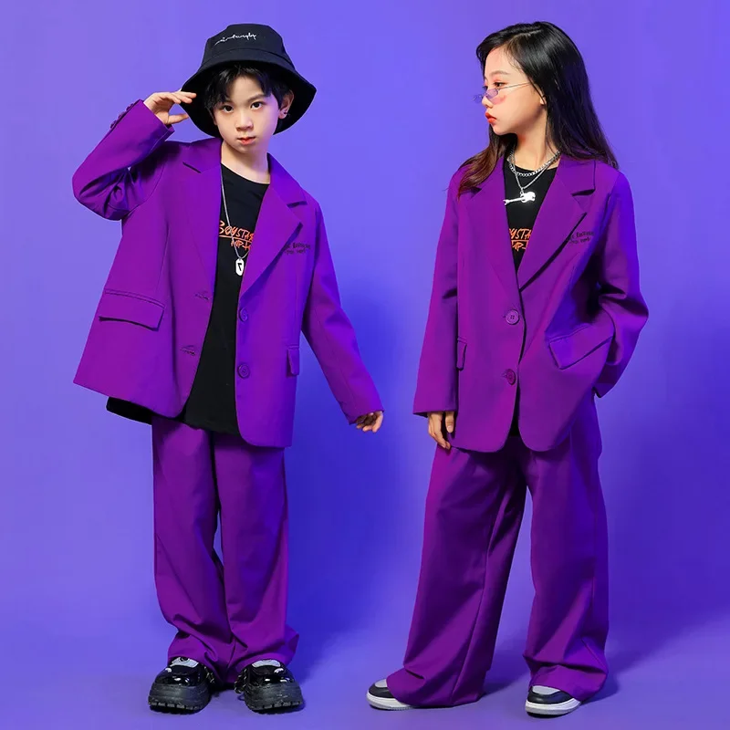 Jazz Dance Costumes for Kids Children Purple Hip Hop Suit Blazer Jacket Baggy Pants Modern Kpop Outfits Teenager Girl Stage Sets
