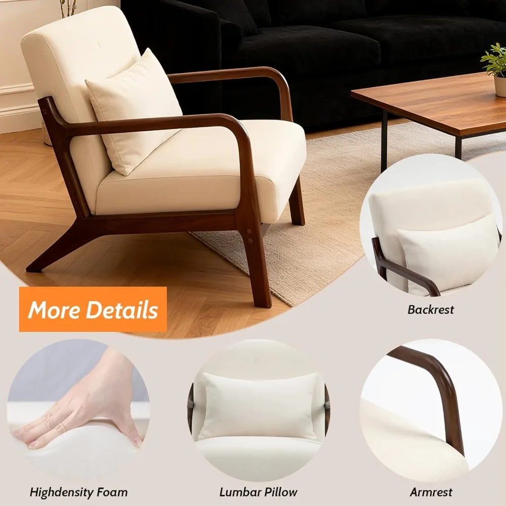 Modern Accent Chair, Cotton Linen Upholstered Lounge Armchair with Solid Wood Frame for Living Room