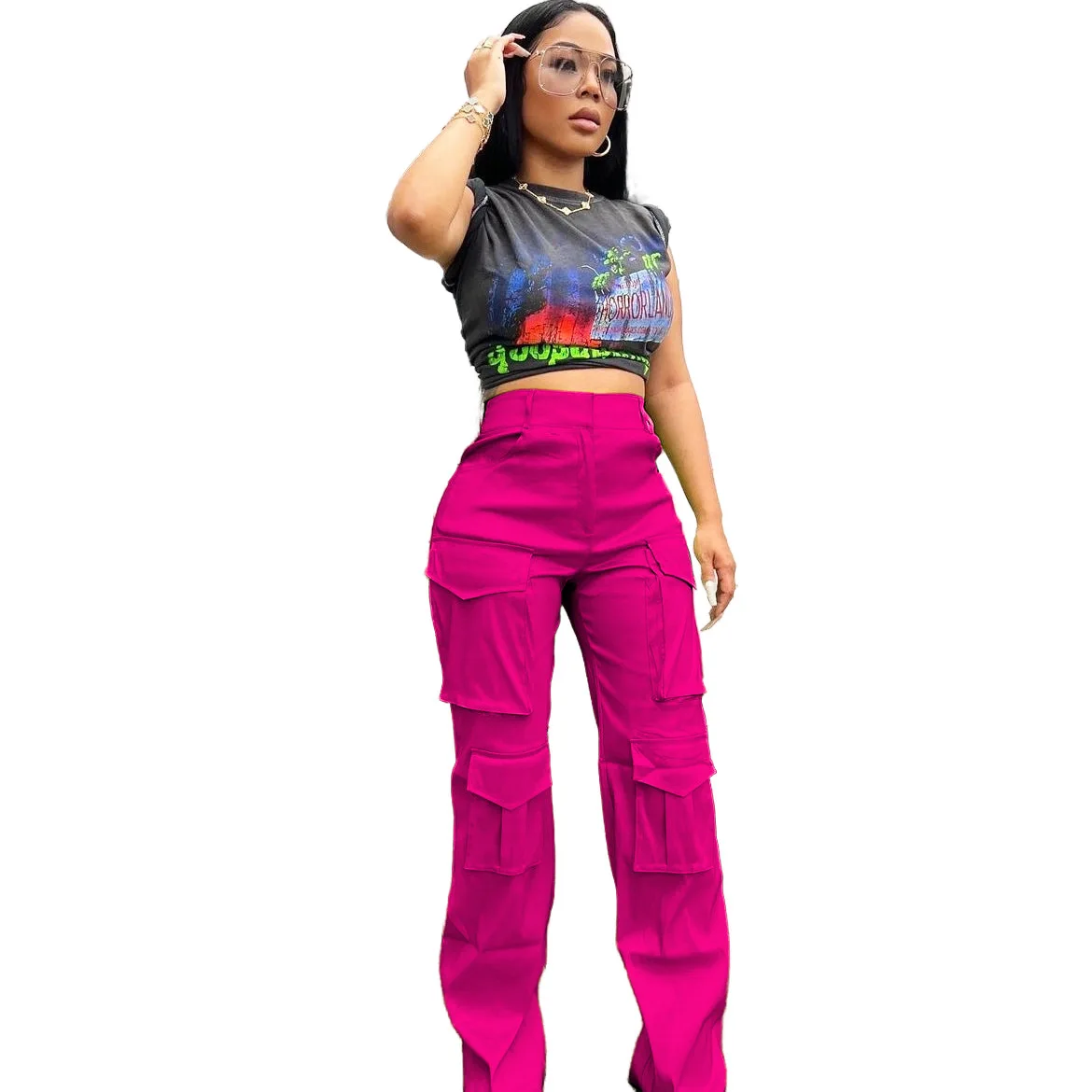 

Women's Multi-Pocket Cargo Sweatpants, Casual Fashion Pants, Solid Color, Free Shipping