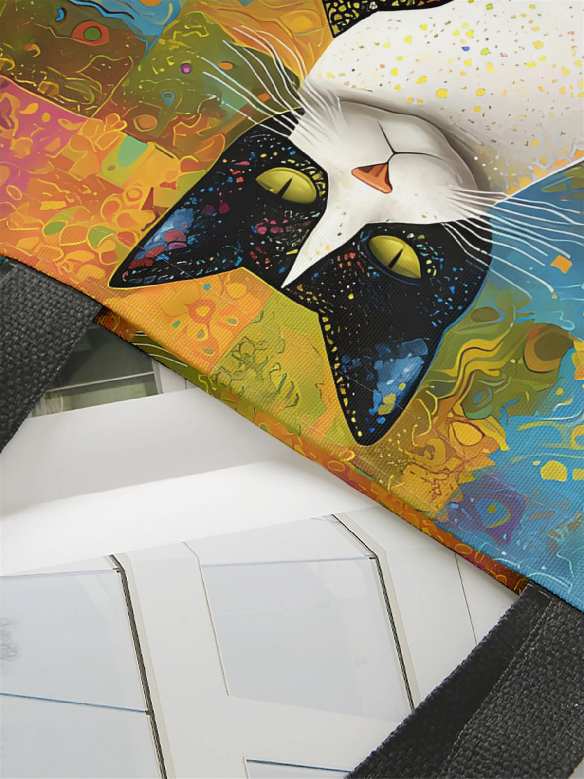 1pc,colorful cat handbag, reusable fashionable handbag, multifunctional handbag, printed canvas shopping bag