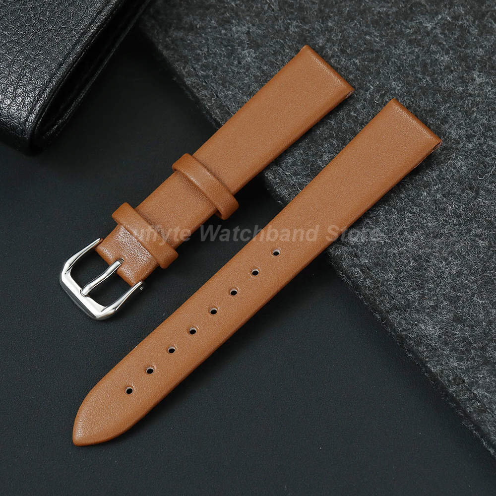 Elegant Women's Ultra-Thin Leather Watch Band - Soft & Comfortable in Black, Brown, Blue, Pink, and Green
